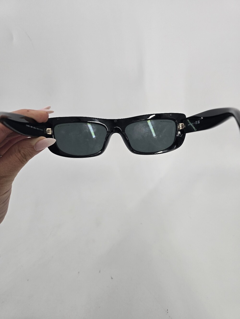 Chanel Black Acetate Rectangle Women's Sunglasses 5559 c.622/S4 Spellout Logo - Picture 6 of 10